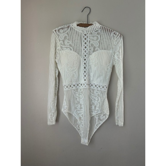 Y2K Charlotte Russe White Lace Bodysuit Long Sleeve High Neck Party Top 2000s - Picture 1 of 5